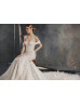 Off Shoulder Shiny Lace Tulle Wedding Dress With Frilled Train